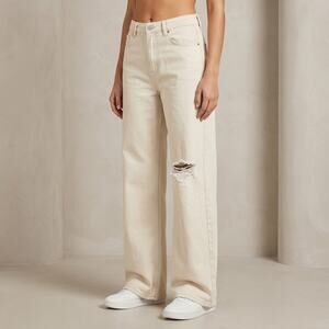 Bershka Women's Wide Leg Jeans Distressed Off-White Ripped Knee Size 6